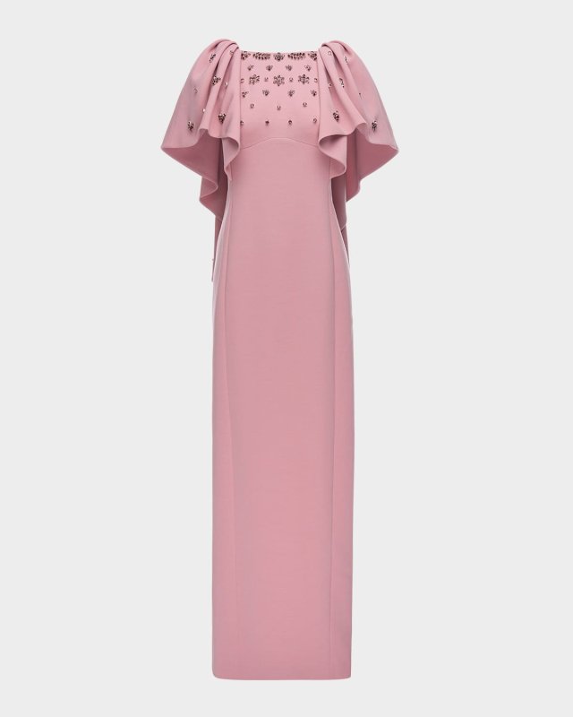 Margarita Crystal Flutter-Sleeve Empire-Waist Gown
